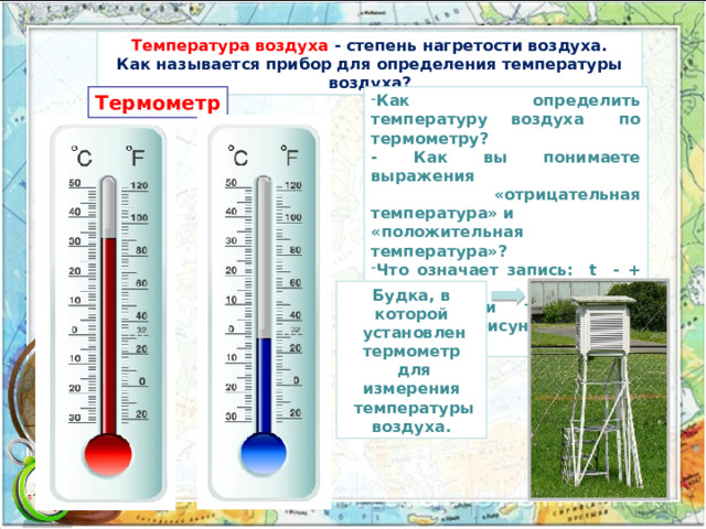  Температура воздуха - степень нагретости воздуха. Как называется прибор для определения температуры воздуха? Термометр Как определить температуру воздуха по термометру? - Как вы понимаете выражения  «отрицательная температура» и «положительная температура»? Что означает запись: t - + 24 0 С?  Определи температуру воздуха на рисунке.  Будка, в которой  установлен термометр  для измерения  температуры воздуха. 