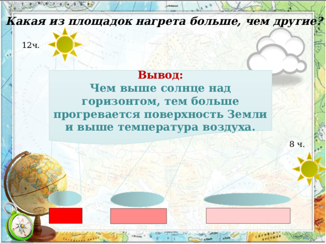 Какая из площадок нагрета больше, чем другие? 12ч. Вывод: Чем выше солнце над горизонтом, тем больше прогревается поверхность Земли и выше температура воздуха. 10 ч. 8 ч. 