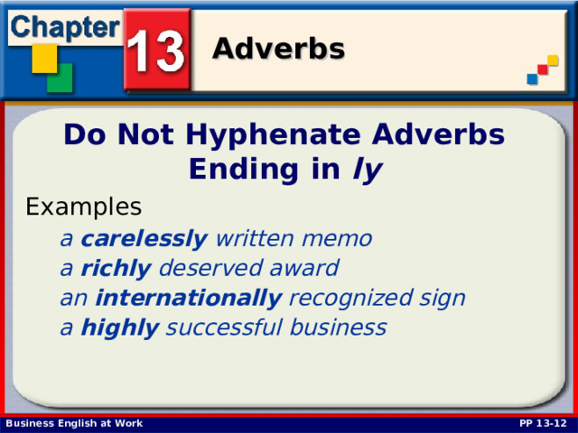 Do Not Hyphenate Adverbs  Ending in ly  Examples  a carelessly written memo a richly deserved award an internationally recognized sign a highly successful business PP 13-12 