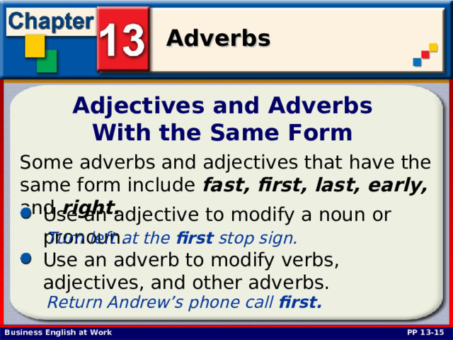 Adjectives and Adverbs  With the Same Form Some adverbs and adjectives that have the same form include fast, first, last, early, and right. Use an adjective to modify a noun or pronoun.  Turn left at the first stop sign.  Use an adverb to modify verbs, adjectives, and other adverbs.  Return Andrew’s phone call first. PP 13-15 