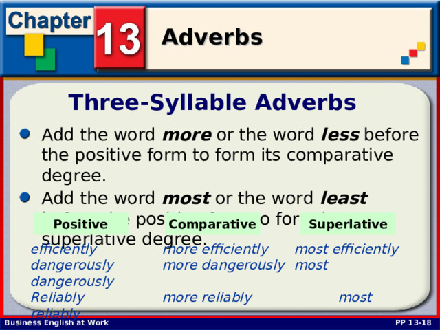 Three-Syllable Adverbs Add the word more or the word less before the positive form to form its comparative degree. Add the word most  or the word least before the positive form to form its superlative degree. Positive Comparative Superlative efficiently   more efficiently  most efficiently dangerously   more dangerously  most dangerously Reliably   more reliably   most reliably  PP 13-18 