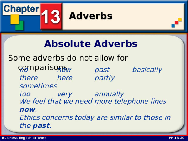 Absolute Adverbs Some adverbs do not allow for comparisons  no   now   past   basically there   here   partly   sometimes too   very   annually  We feel that we need more telephone lines now . Ethics concerns today are similar to those in the past .  PP 13-20 