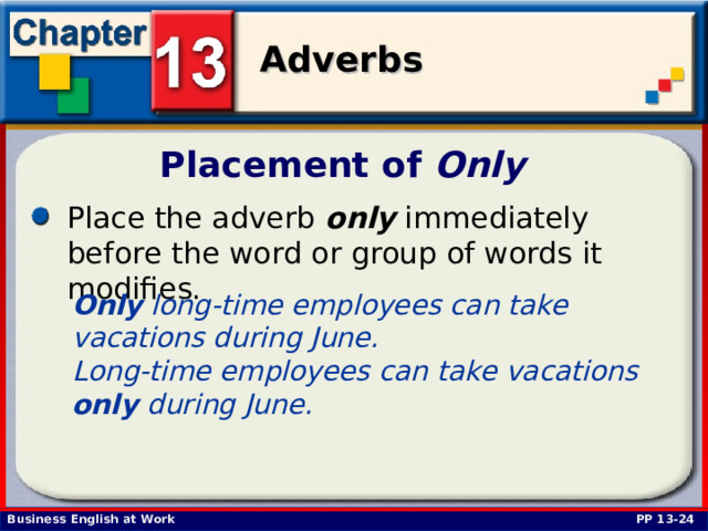 Placement of Only  Place the adverb only immediately before the word or group of words it modifies. Only long-time employees can take vacations during June. Long-time employees can take vacations only during June.  PP 13-24 