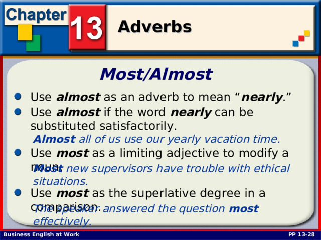 Most/Almost  Use almost as an adverb to mean “ nearly .” Use almost if the word nearly can be substituted satisfactorily.  Almost all of us use our yearly vacation time.  Use most as a limiting adjective to modify a noun. Most new supervisors have trouble with ethical situations.  Use most as the superlative degree in a comparison. The speaker answered the question most effectively.  PP 13-28 