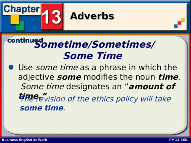 continued Sometime/Sometimes/  Some Time  Use some time as a phrase in which the adjective some modifies the noun time . Some time designates an “ amount of time.” The revision of the ethics policy will take some  time .  PP 13-30b 