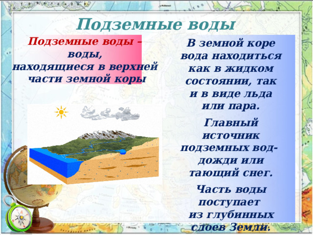 Подземные воды  В земной коре вода находиться как в жидком состоянии, так  и в виде льда или пара.  Главный источник подземных вод- дожди или тающий снег.  Часть воды поступает из глубинных слоев Земли. Подземные воды – воды, находящиеся в верхней части земной коры 