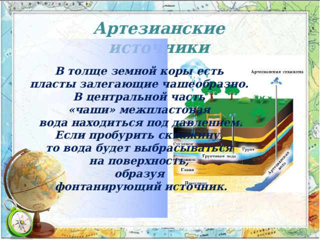 Артезианские источники В толще земной коры есть пласты залегающие чашеобразно. В центральной часть «чаши» межпластовая вода находиться под давлением. Если пробурить скважину, то вода будет выбрасываться на поверхность, образуя фонтанирующий источник. 