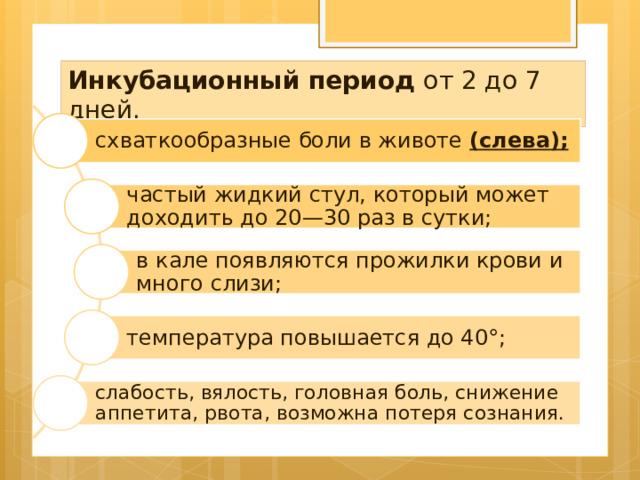 Инкубационный период от 2 до 7 дней. схваткообразные боли в животе (слева); частый жидкий стул, который может доходить до 20—30 раз в сутки; в кале появляются прожилки крови и много слизи; температура повышается до 40°; слабость, вялость, головная боль, снижение аппетита, рвота, возможна потеря сознания. 