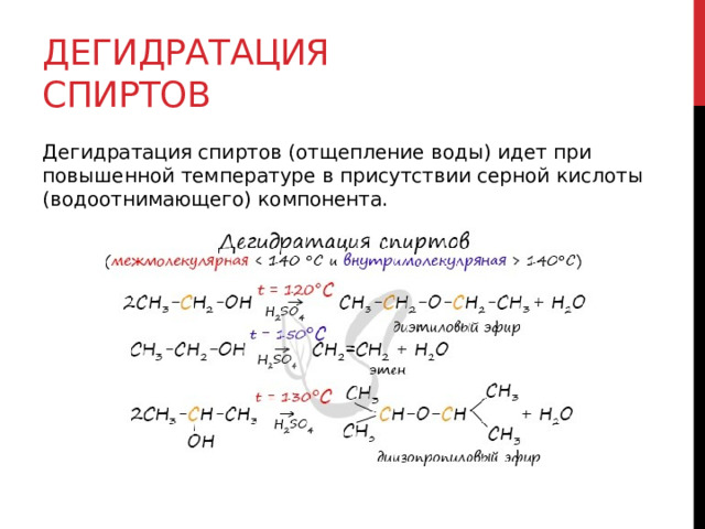 Дегидратация спиртов Дегидратация спиртов (отщепление воды) идет при повышенной температуре в присутствии серной кислоты (водоотнимающего) компонента.   