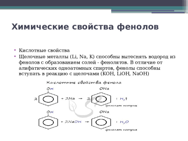 Химические свойства фенолов   Кислотные свойства Щелочные металлы (Li, Na, K) способны вытеснять водород из фенолов с образованием солей - фенолятов. В отличие от алифатических одноатомных спиртов, фенолы способны вступать в реакцию с щелочами (KOH, LiOH, NaOH) 