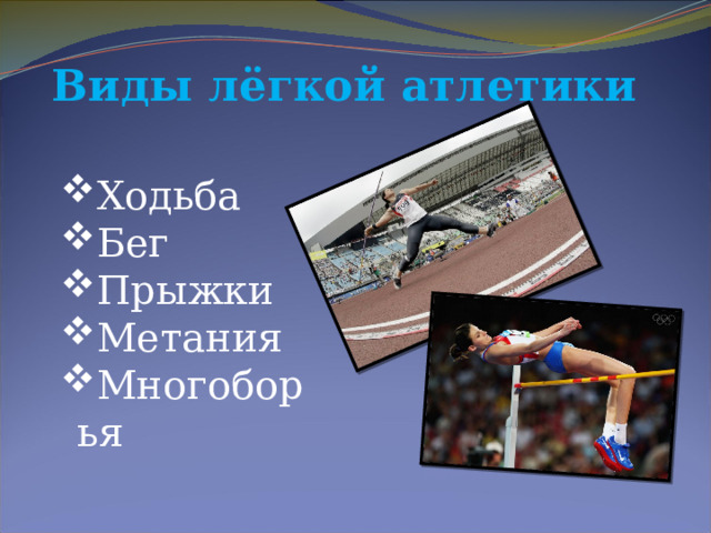 Виды лёгкой атлетики Ходьба Бег Прыжки Метания Многоборья 