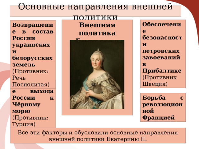 Основные направления внешней политики Обеспечение безопасности петровских завоеваний в Прибалтике Внешняя политика Екатерины Великой (Противник Швеция) Возвращение в состав России украинских и белорусских земель (Противник: Речь Посполитая) Обеспечение выхода России к Чёрному морю  (Противник: Турция) Борьба с революционной Францией Все эти факторы и обусловили основные направления внешней политики Екатерины II. 