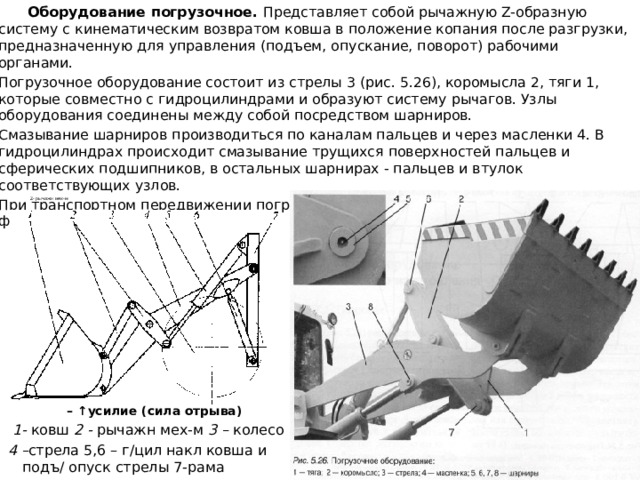  Оборудование погрузочное. Представляет собой рычажную Z-образную систему с кинематическим возвратом ковша в положение копания после разгрузки, предназначенную для управления (подъем, опускание, поворот) рабочими органами. Погрузочное оборудование состоит из стрелы 3 (рис. 5.26), коромысла 2, тяги 1, которые совместно с гидроцилиндрами и образуют систему рычагов. Узлы оборудования соединены между собой посредством шарниров. Смазывание шарниров производиться по каналам пальцев и через масленки 4. В гидроцилиндрах происходит смазывание трущихся поверхностей пальцев и сферических подшипников, в остальных шарнирах - пальцев и втулок соответствующих узлов. При транспортном передвижении погрузчика оборудование с рабочим органом фиксируются на упор рамы.     Z- рычажн мех-м     – ↑ усилие (сила отрыва)  1- ковш 2 - рычажн мех-м 3 – колесо 4 – стрела 5,6 – г/цил накл ковша и подъ/ опуск стрелы 7-рама 