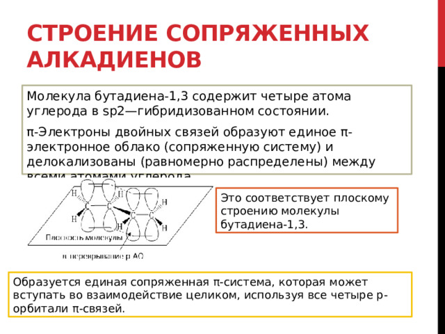 Строение сопряженных алкадиенов Молекула бутадиена-1,3 содержит четыре атома углерода в sp2—гибридизованном состоянии. π-Электроны двойных связей образуют единое π-электронное облако (сопряженную систему) и делокализованы (равномерно распределены) между всеми атомами углерода. Это соответствует плоскому строению молекулы бутадиена-1,3. Образуется единая сопряженная π-система, которая может вступать во взаимодействие целиком, используя все четыре р-орбитали π-связей. 