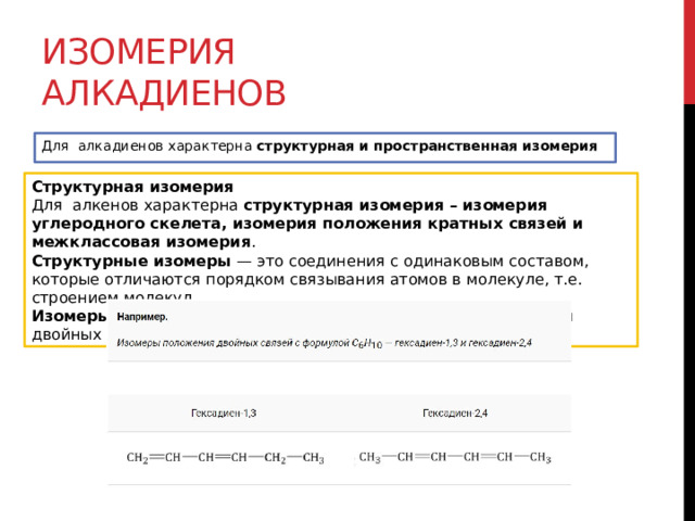 Изомерия алкадиенов Для  алкадиенов характерна  структурная и пространственная изомерия  Структурная изомерия Для  алкенов характерна  структурная изомерия – изомерия углеродного скелета, изомерия положения кратных связей и межклассовая изомерия . Структурные изомеры  — это соединения с одинаковым составом, которые отличаются порядком связывания атомов в молекуле, т.е. строением молекул. Изомеры положения двойных связей  отличаются положением двойных связей. 