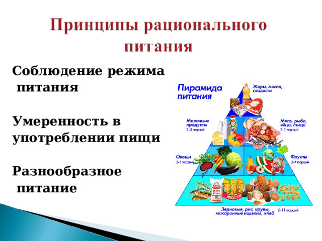  Соблюдение режима  питания  Умеренность в употреблении пищи  Разнообразное  питание  