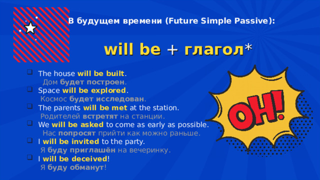 В будущем времени (Future Simple Passive): will be   +  глагол *  The house  will be built .  Дом  будет построен . Space  will be explored .  Космос  будет исследован . The parents  will be met   at the station.  Родителей  встретят  на станции. We  will be asked   to come as early as possible.  Нас  попросят  прийти как можно раньше. I  will be invited   to the party.  Я  буду приглашён  на вечеринку. I  will be deceived !  Я  буду обманут ! 
