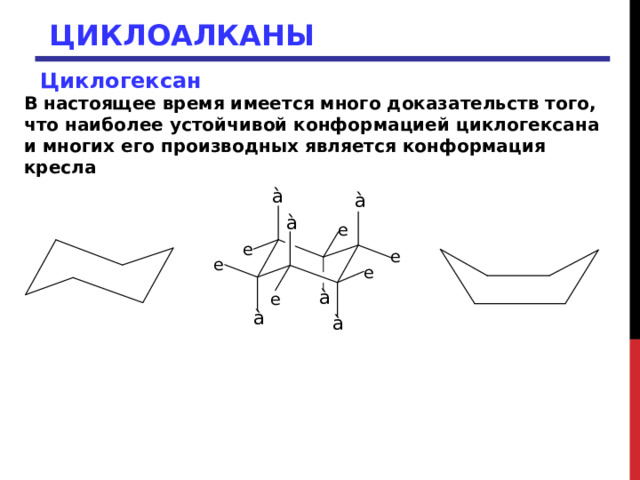ЦИКЛОАЛКАНЫ Циклогексан  В настоящее время имеется много доказательств того, что наиболее устойчивой конформацией циклогексана и многих его производных является конформация кресла 