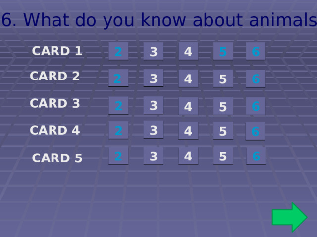 6. What do you know about animals? CARD 1 2 4 3 6 5 CARD 2 3 2  4 5 6 CARD 3 3 2 6 5 4 CARD 4 3 2 5 4 6 3 5 4 6 2 CARD 5 