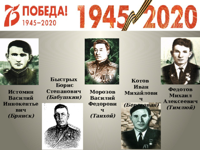    Быстрых  Борис Степанович (Бабушкин) Котов Иван Михайлович (Береговая) Федотов Михаил Алексеевич (Тимлюй) Истомин Василий Иннокентьевич Морозов Василий Федорович (Брянск) (Танхой) 