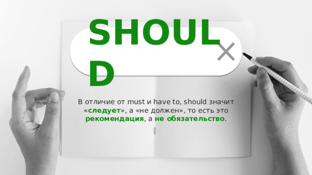 SHOULD В отличие от must и have to, should значит « следует », а «не должен», то есть это рекомендация , а не обязательство . 