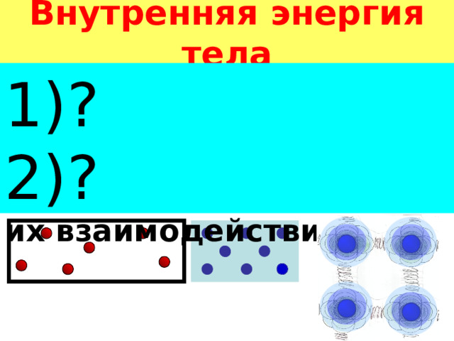 Внутренняя энергия тела ? ? - кинетическая энергия всех молекул , из которых состоит тело, и потенциальная энергия их взаимодействия . 