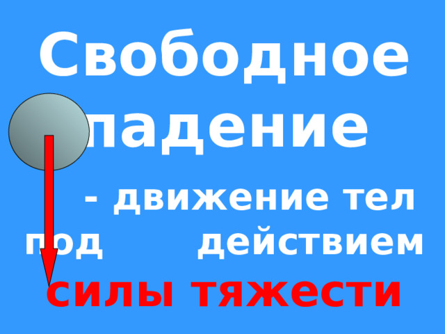 Свободное падение  - движение тел под . действием силы тяжести 