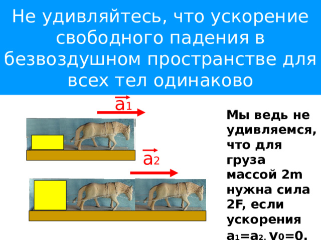 Не удивляйтесь, что ускорение свободного падения в безвоздушном пространстве для всех тел одинаково а 1  Мы ведь не удивляемся, что для груза массой 2m нужна сила 2F, если ускорения а 1 =а 2, v 0 =0. а 2 
