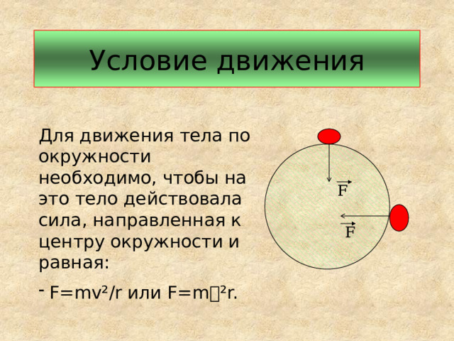 Условие движения Для движения тела по окружности необходимо, чтобы на это тело действовала сила, направленная к центру окружности и равная: F=mv ²/r или F=m  ²r. F F 