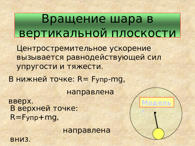 Вращение шара в вертикальной плоскости Центростремительное ускорение вызывается равнодействующей сил упругости и тяжести. В нижней точке: R= F упр -mg,  направлена вверх. В верхней точке: R=F упр +mg,  направлена вниз. 