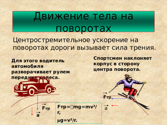 Движение тела на поворотах Центростремительное ускорение на поворотах дороги вызывает сила трения. Спортсмен наклоняет корпус в сторону центра поворота. Для этого водитель автомобиля разворачивает рулем передние колеса. F тр Fтр=  mg=mv ²/r,  g=v²/r. F тр а а 