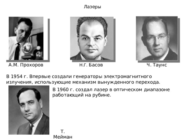 Лазеры А.М. Прохоров Н.Г. Басов Ч. Таунс В 1954 г. Впервые создали генераторы электромагнитного излучения, использующие механизм вынужденного перехода. В 1960 г. создал лазер в оптическом диапазоне работающий на рубине. Т. Мейман 