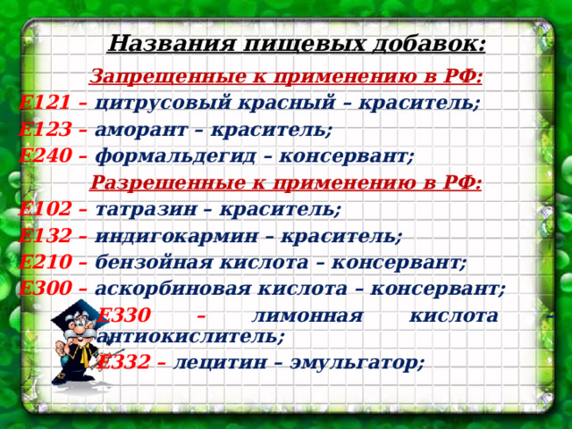 Названия пищевых добавок: Запрещенные к применению в РФ: Е121 – цитрусовый красный – краситель; Е123 – аморант – краситель; Е240 – формальдегид – консервант; Разрешенные к применению в РФ: Е102 – татразин – краситель; Е132 – индигокармин – краситель; Е210 – бензойная кислота – консервант; Е300 – аскорбиновая кислота – консервант; Е330 – лимонная кислота – антиокислитель; Е332 – лецитин – эмульгатор;            