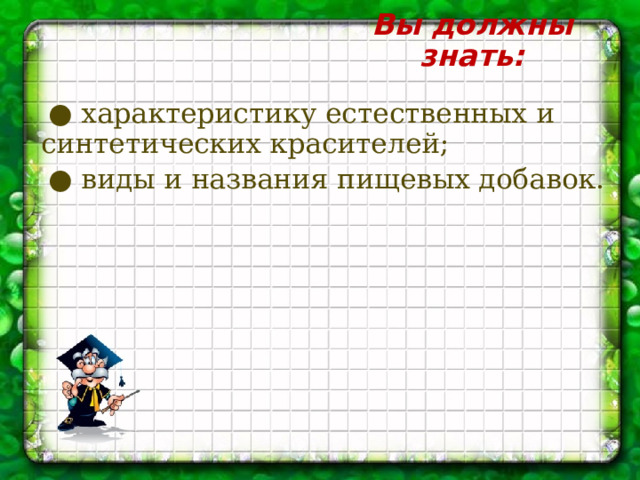 Вы должны знать: ● характеристику естественных и синтетических красителей; ● виды и названия пищевых добавок.  