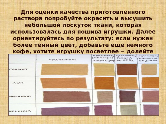 Для оценки качества приготовленного раствора попробуйте окрасить и высушить небольшой лоскуток ткани, которая использовалась для пошива игрушки. Далее ориентируйтесь по результату: если нужен более темный цвет, добавьте еще немного кофе, хотите игрушку посветлее ‒ долейте немного воды. 