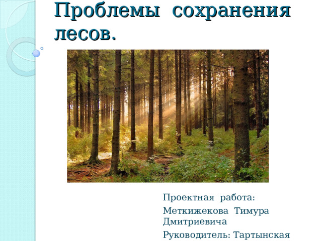 Проблемы сохранения лесов . Проектная работа: Меткижекова Тимура Дмитриевича Руководитель: Тартынская Л.В.  