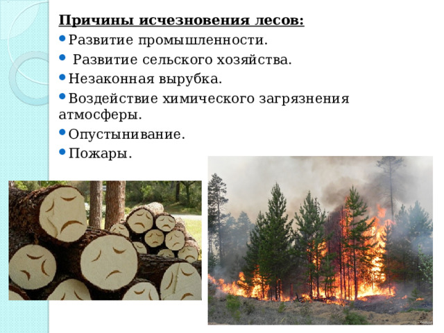 Причины исчезновения лесов: Развитие промышленности.  Развитие сельского хозяйства. Незаконная вырубка. Воздействие химического загрязнения атмосферы. Опустынивание. Пожары. 