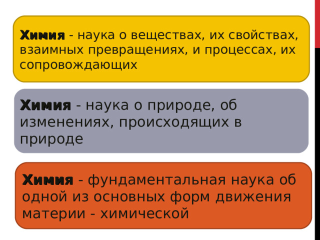 Химия - наука о веществах, их свойствах, взаимных превращениях, и процессах, их сопровождающих Химия - наука о природе, об изменениях, происходящих в природе Химия - фундаментальная наука об одной из основных форм движения материи - химической 