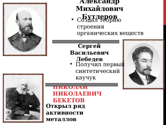 Александр Михайлович Бутлеров Создал теорию строения органических веществ Сергей Васильевич Лебедев Получил первый синтетический каучук  НИКОЛАЙ НИКОЛАЕВИЧ БЕКЕТОВ Открыл ряд активности металлов 