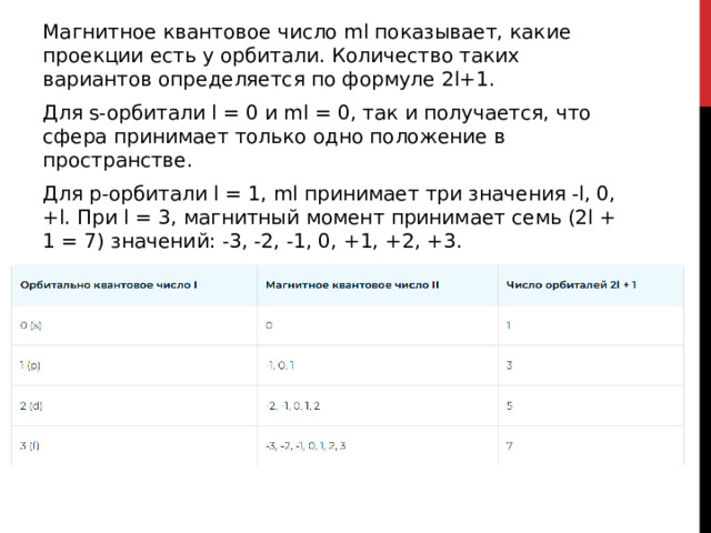 Магнитное квантовое число ml показывает, какие проекции есть у орбитали. Количество таких вариантов определяется по формуле 2l+1. Для s-орбитали l = 0 и ml = 0, так и получается, что сфера принимает только одно положение в пространстве. Для p-орбитали l = 1, ml принимает три значения -l, 0, +l. При l = 3, магнитный момент принимает семь (2l + 1 = 7) значений: -3, -2, -1, 0, +1, +2, +3.  
