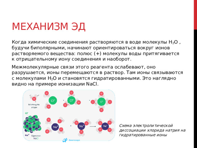 Механизм ЭД Когда химические соединения растворяются в воде молекулы H 2 O , будучи биполярными, начинают ориентироваться вокруг ионов растворяемого вещества: полюс (+) молекулы воды притягивается к отрицательному иону соединения и наоборот. Межмолекулярные связи этого реагента ослабевают, оно разрушается, ионы перемещаются в раствор. Там ионы связываются с молекулами H 2 O и становятся гидратированными. Это наглядно видно на примере ионизации NaCl.  Схема электролитической диссоциации хлорида натрия на гидратированные ионы 