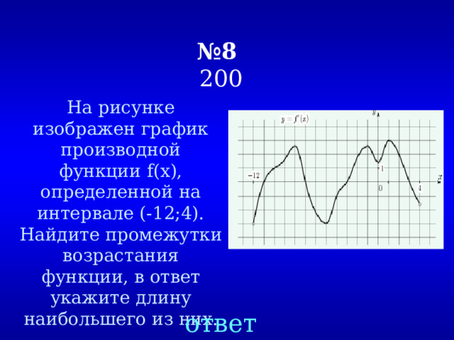 № 8   200 На рисунке изображен график производной функции f(x), определенной на интервале (-12;4). Найдите промежутки возрастания функции, в ответ укажите длину наибольшего из них. ответ 