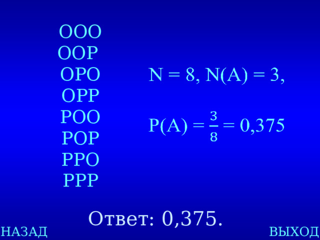 ООО ООР ОРО ОРР РОО РОР РРО РРР   Ответ: 0,375. НАЗАД ВЫХОД  