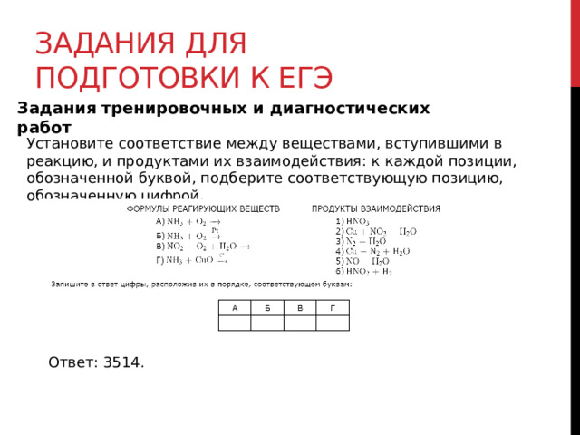 Задания для подготовки к егэ Задания тренировочных и диагностических работ Установите соответствие между веществами, вступившими в реакцию, и продуктами их взаимодействия: к каждой позиции, обозначенной буквой, подберите соответствующую позицию, обозначенную цифрой. Ответ: 3514. 