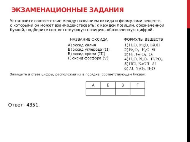 Экзаменационные задания Установите соответствие между названием оксида и формулами веществ, с которыми он может взаимодействовать: к каждой позиции, обозначенной буквой, подберите соответствующую позицию, обозначенную цифрой. Ответ: 4351. 