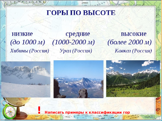 ! Написать примеры к классификации гор 