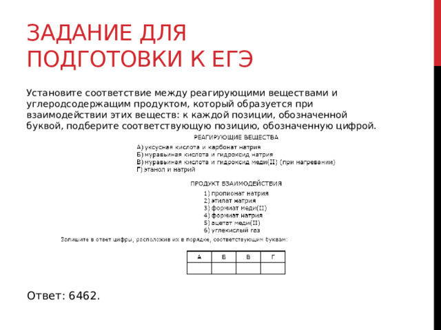 Задание для подготовки к егэ Установите соответствие между реагирующими веществами и углеродсодержащим продуктом, который образуется при взаимодействии этих веществ: к каждой позиции, обозначенной буквой, подберите соответствующую позицию, обозначенную цифрой.   Ответ: 6462. 