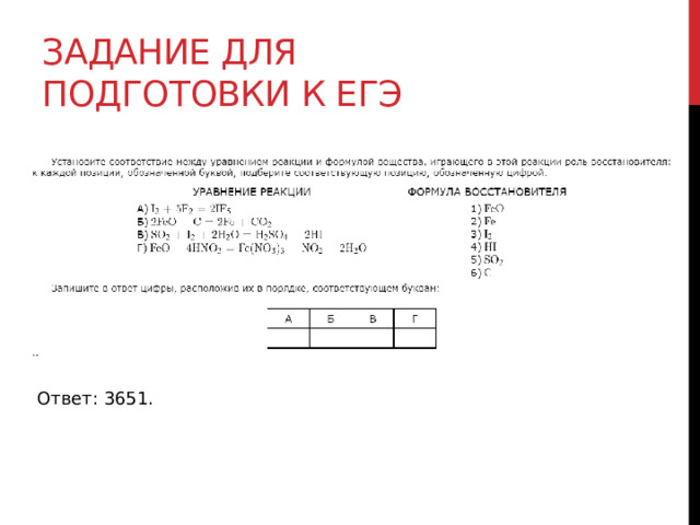 Задание для подготовки к егэ Ответ: 3651. 
