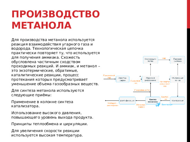 Производство метанола Для производства метанола используется реакция взаимодействия угарного газа и водорода. Технологическая цепочка практически повторяет ту, что используется для получения аммиака. Схожесть обусловлена частичным сходством проходимых реакций. И аммиак, и метанол – это экзотермические, обратимые, каталитические реакции, процесс протекания которых предусматривает уменьшение объема газообразных веществ.  Для синтеза метанола используются следующие приёмы: Применение в колонне синтеза катализатора.  Использование высокого давления, повышающего уровень выхода продукта. Принципы теплообмена и циркуляции.  Для увеличения скорости реакции используется высокая температура.  