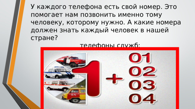 У каждого телефона есть свой номер. Это помогает нам позвонить именно тому человеку, которому нужно. А какие номера должен знать каждый человек в нашей стране? телефоны служб:  пожарной службы, полиции, скорой помощи . 